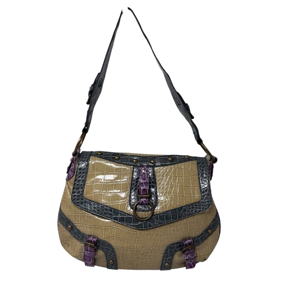 Handbag Green And Purple Faux Crocodile‎ Pattern Shoulder Bag Snap Close